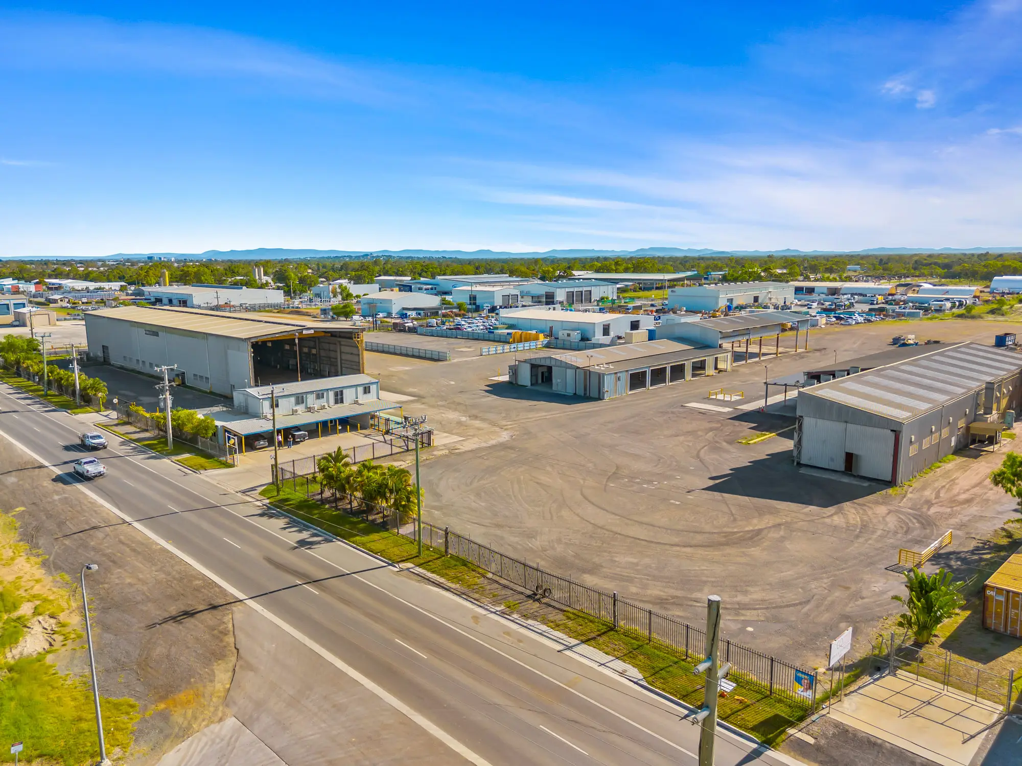 Aerial view of Stroud Industrial Complex workshops and hardstand at Parkhurst, Rockhampton