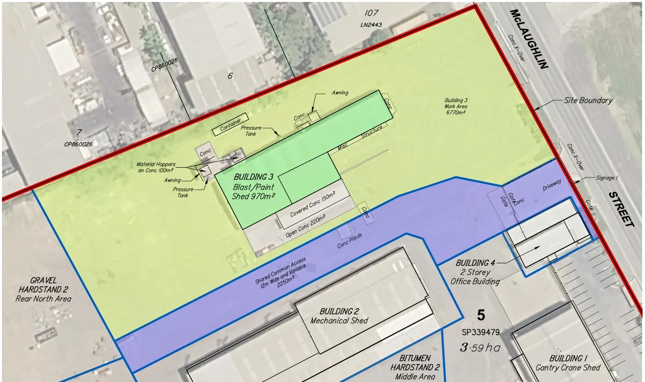Site plan highlighting the Paint and Blast Facility area within Stroud Industrial Complex